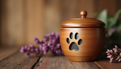 A beautifully crafted wooden urn for pet ashes featuring a paw print, perfect for honoring the memory of a beloved animal.