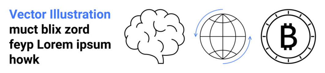Brain icon, rotating globe, and Bitcoin symbol in black and blue tones. Ideal for technology, cryptocurrency, education, finance, and global connectivity themes. Landing page