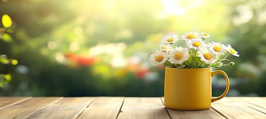Spring Background with Daisy Flowers in a Yellow Metal Mug on a Wooden Table, Blurred Garden Nature Scene, Sunny Day, Pastel Colors for Product Display Mock-Up Design.spring background, daisy flowers,