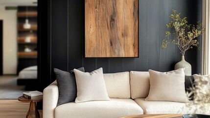 This cozy living room features a plush beige sofa for relaxation, stylish black wall paneling for depth, and organic wood artwork that embodies rustic farmhouse aesthetics, creating warmth