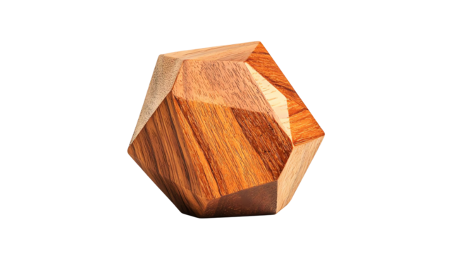 Unique wooden geometric sculpture on white isolated background