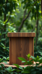 Eco-conscious wooden podium with green leafy background, plant life, environmentally friendly, earth, green environment