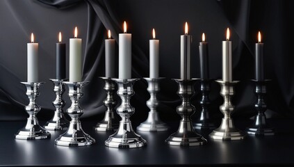 A candid photography style image featuring a collection of exquisite metallic candlesticks in a range of gray hues, from light silver to dark charcoal