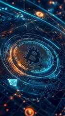 Bitcoin Coin at Center of Digital Solar System With Crypto Planets Orbiting. Digital Art Wallpaper Background.