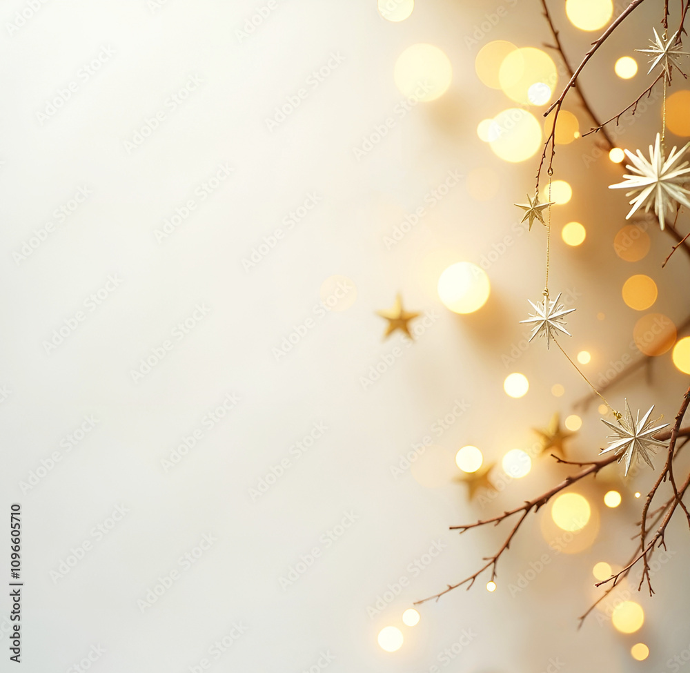Canvas Prints christmas background with a tree branch, golden stars and bokeh on a light background. copy space on