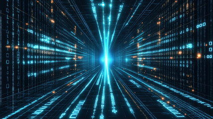 Obraz premium Futuristic Digital Data Stream with Glowing Binary Code in a High-Tech Environment Artificial Intelligence or Big Data Analysis
