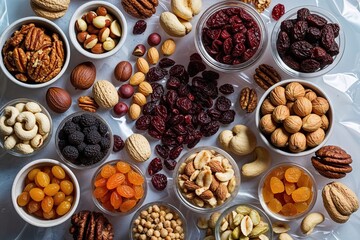 Obraz premium Artisan Nuts and Dried Fruits Displayed on Clear Background