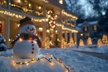 Obraz premium snowman is standing in front of American mansion decorated with colorful lights garlands and ornaments, surrounded by a white, snow-covered ground