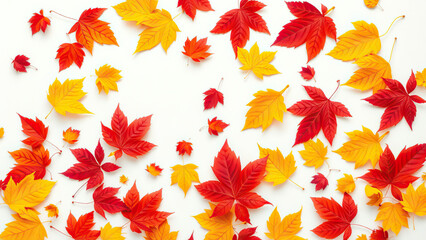 Flat lay composition of yellow and red autumn leaves spread out on a white backdrop, nature, autumnal, vibrant colors, seasonal