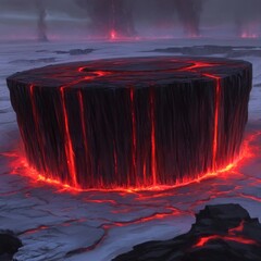 Volcanic rock formation with glowing lava flowing down its sides, set against a dark, desolate landscape.