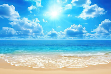 Blue Sky with White Clouds Above Tranquil Sea and Sandy Beach