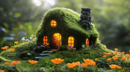 Naklejka premium Mossy fairytale cottage with illuminated windows, nestled in a vibrant flower garden.