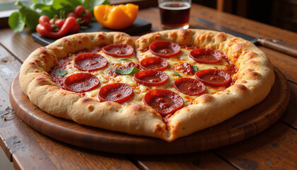 Heart-shaped pepperoni pizza on a wooden board with fresh vegetables and a drink
