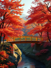 Golden bridge amidst red and orange trees in autumn, urban, yellow leaves, cityscape, Allegheny River, rusty