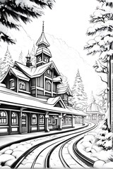 Fototapeta premium A train station with a Christmas theme, snow-covered roofs, white background.---_00001_