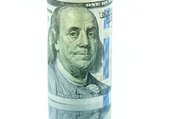 US $100 money banknote withdrawal. End of month calculation trading and stock marke