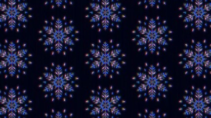 Bright neon snowflakes in the style of VHS or pixel screen, VJ screensaver for Christmas or New Year, for congratulations and holidays. Musical background for Christmas holidays in retro style 80s 90s - Powered by Adobe
