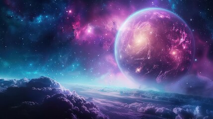 A glowing, pink and purple planet with swirling clouds in a dark, starry space.