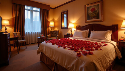 Luxurious hotel room with red rose petals spread on the bed for romantic getaway
