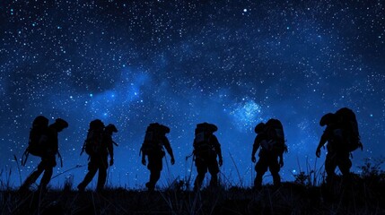 Fototapeta premium Silhouette of five hikers standing on a hill under a starry sky at night.