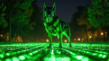 German Shepherd stands confidently on glowing green pathway in cyber park, surrounded by trees and soft lights, creating futuristic atmosphere