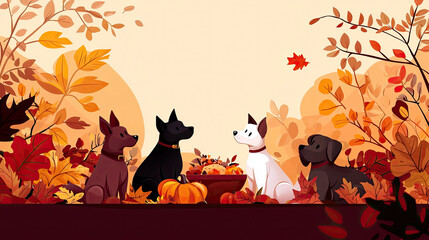 A cheerful illustration of four dogs sitting among autumn leaves and pumpkins, celebrating the fall season.