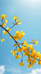 Obraz premium Lush yellow petals on tree branch against vibrant blue sky, photosynthetic, natural beauty, floral arrangement, vitality, chlorophyll