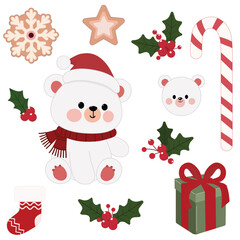 White bear collection with Christmas decorative elements design with holly berry, gift box, gingerbread, sugar candy, and stocking. Vector illustration.