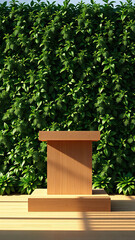 Minimalistic wooden podium with green plant wall, sustainability concept, plant wall, greenery theme, organic materials, wooden fixture
