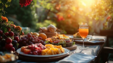 Fresh colorful fruits and orange drink on wooden table in sunny garden setting