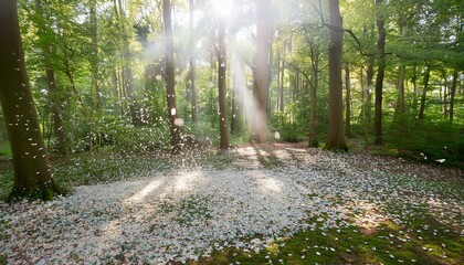 幻想的な森の中、紙吹雪が舞う風景