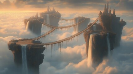 Fototapeta premium Ethereal floating islands connected by ancient bridges cascading waterfalls