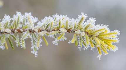 Fototapeta premium Close-up of a frost-covered evergreen branch with delicate ice crystals.