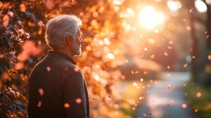 Fototapeta premium Golden Hour Serenity: An Elderly Man Contemplates Amidst Falling Petals