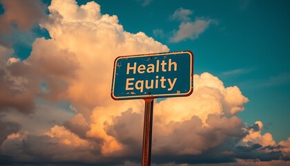 Weathered Black Street Sign Highlighting Health Equity Under Contrasting Clouds
