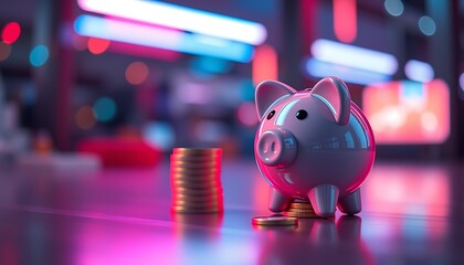 Stylish Piggy Bank and Coins on Reflective Surface with Neon Glow