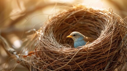 A small blue bird sits in a woven nest of twigs, bathed in the warm glow of the morning sun.