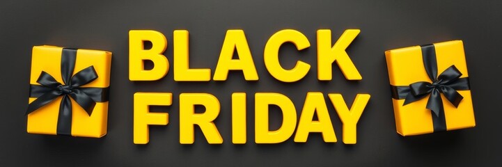 Yellow gift boxes with black ribbons and a "Black Friday" inscription in yellow volume letters on a dark background, isolated on white with copy space,  dark background,  copy space
