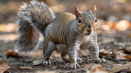 Obraz premium A curious gray squirrel with a bushy tail stands on a bed of dry leaves in a forest setting.