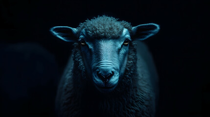 The face of a sheep looking straight ahead in the dark