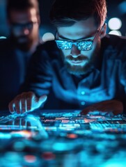 Ai technology innovator analyzing data insights in high-tech environment urban setting at night