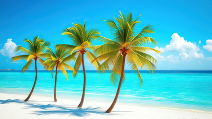 Fototapeta premium Palm trees standing on sandy white beach with turquoise tropical sea in the background, scenery, tropical sea, clouds, vacation, ocean