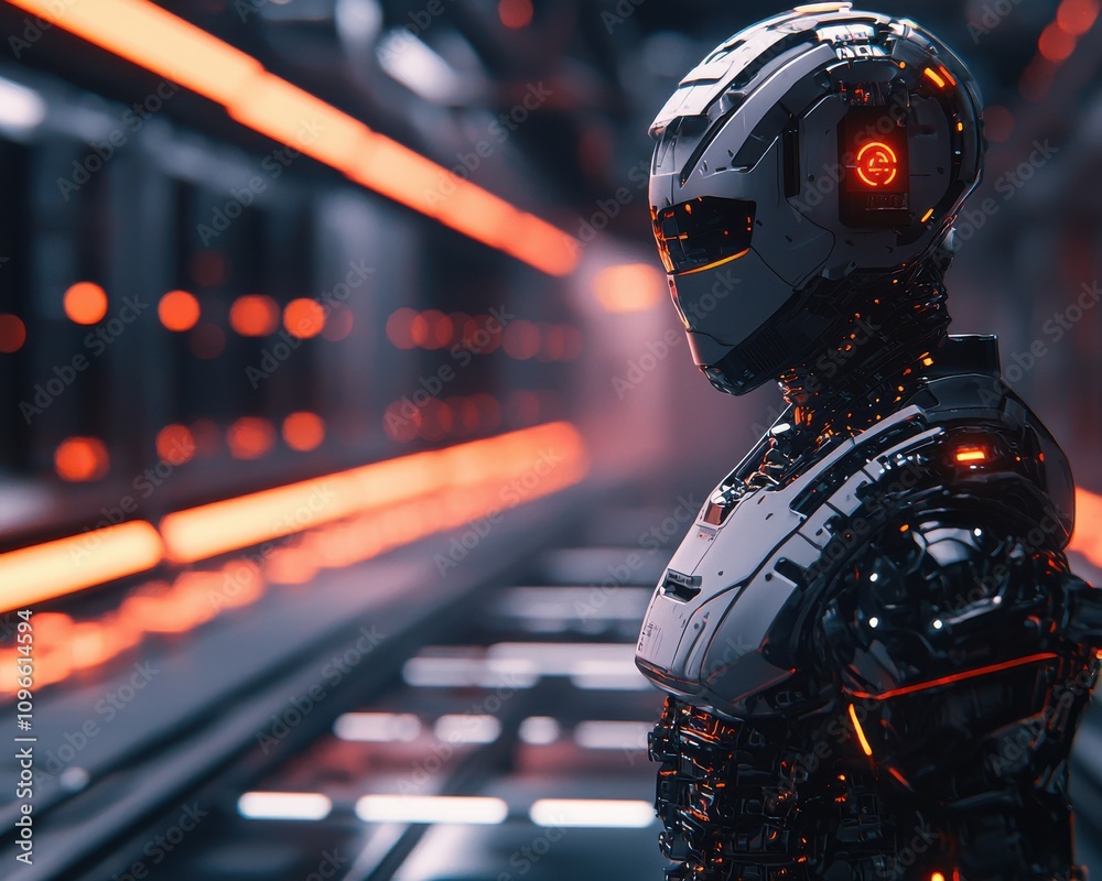 Poster ai-driven robot in futuristic corridor high-tech environment science fiction concept dynamic perspec