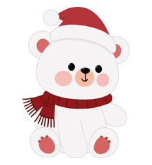Cute Christmas Bear and red scarf graphic element design on white background.