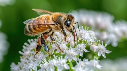 A close-up of a honeybee collecting nectar from a white flower.