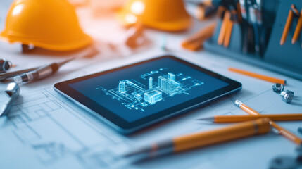 A construction tablet displays blueprints among tools and safety helmets, highlighting modern engineering and design processes.