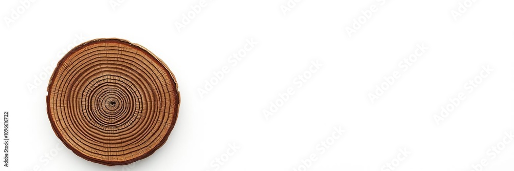 Wall mural thin cross-section of a tree trunk featuring a distinct pattern of annual rings on a white backgroun