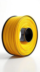 Single spool of yellow 3D printer filament with white backdrop, creation, object, workspace