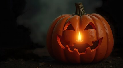 Obraz premium Highly realistic close-up of a carved pumpkin with glowing, flickering candlelight inside. The skin of the pumpkin is textured with visible wrinkles and the faint reflection of the flame. 