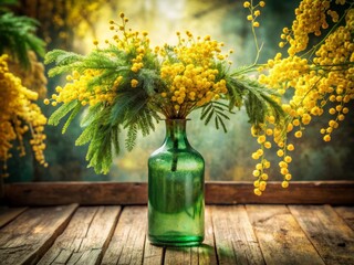 Fototapeta premium Beautiful Mimosa Bouquet in Rustic Green Bottle Surrounded by Lush Greenery, Capturing the Essence of Natural Beauty and Serenity in a Warm Atmosphere